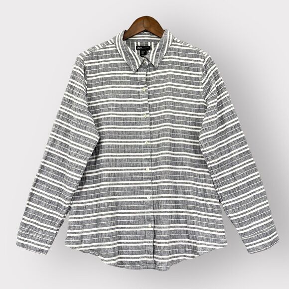 Jones NY Button Up Top Women L Gray Stripes Linen Cotton Blend Long Sleeve‎ - Picture 1 of 14